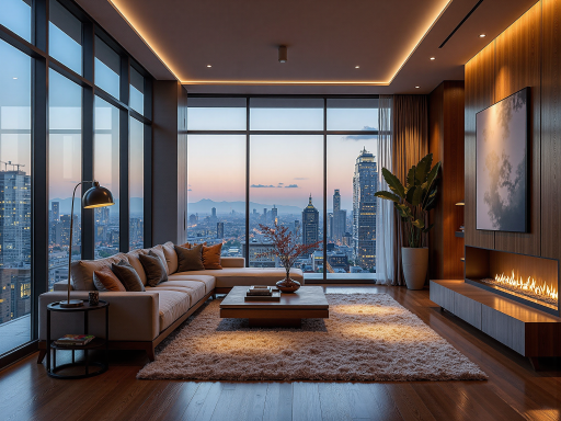 临水高层公寓，大面积落地窗设计，湖景优美，现代建筑风格